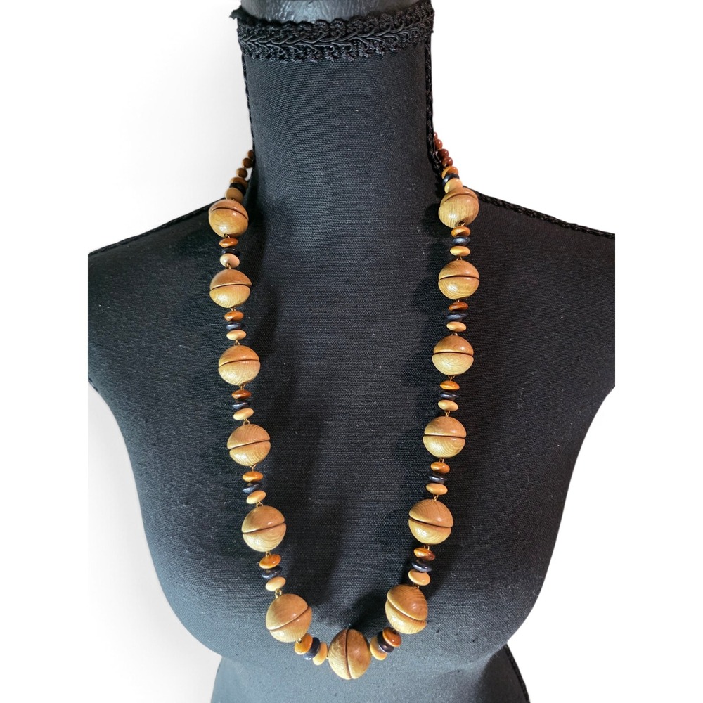 Vintage Honey Wood Beaded Statement Necklace Half Circle Geometric Spheres Boho